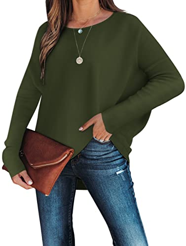 Caracilia Women's Off Shoulder Sweater Batwing Sleeve Loose Oversized Pullover Sweater Relaxed Fit Sweater Jumper Green 3Co96-Qianjunlv-M #TOP1