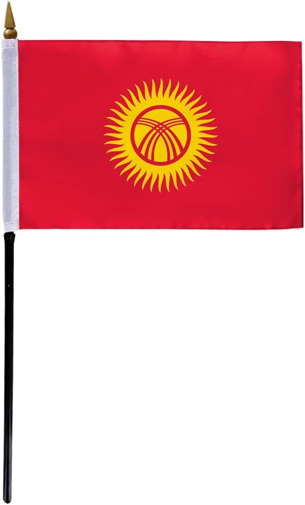 AGAS Kyrgyzstan Car Flag Premium 10.5x15 inch Printed Double Sided on Super Knit Polyester Fabric Double Stitched 19 Inch White Plastic Unbreakable Stiff Pole