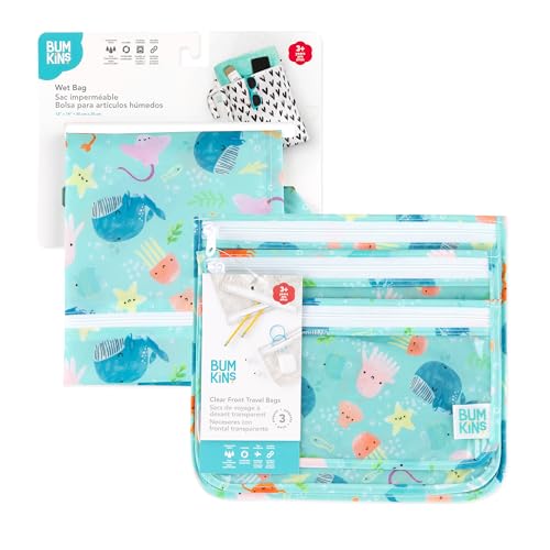 Bumkins - Waterproof Wet Bag & Clear Travel Bags - For Beach, Baby, Travel, Swim Suit, Cloth Diapers, Pump Parts, Pool, Gym, Toiletries - Reusable & Easy to Clean - Ocean Life Blue - 4 Pack - Thumbnail 7