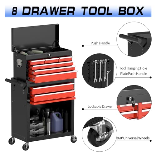 Image of 8-Drawer Rolling Tool Chest Tool Box,Removable Tool Storage Cabinet with 4 Wheels and Drawers,2 in 1 Portable Toolbox Organizer, Tool Chest with Lockable Drawer Gifts for Men (BlackRed)