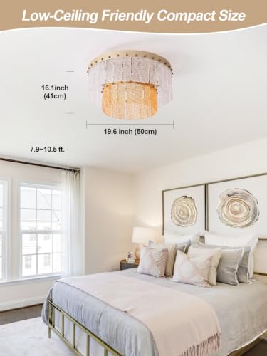 Image of 20 inch Gold Fandelier Ceiling Fan with Light,Gold Crystal Flush Mount Ceiling Fans with Lights and Remote Control,Mid-Century Modern Caged with 6 Speeds for Living Room Bedroom Nursery