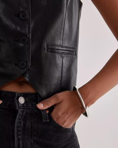 EZAPINE Colete feminino sexy de couro PU corte slim fit botão gola V colete de couro sintético motoc