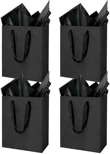 MOXARYSU 4 Pcs Medium Black Gift Bags: 8x5x10 Inches Gift bags With Handles Party Favor Bags With 8 Tissue Paper For Party,Birthday,Baby Shower,Wedding(Black)