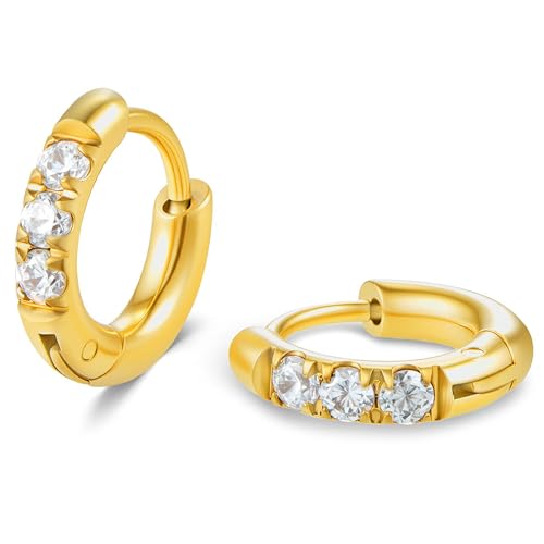 Image of Hypoallergenic Unisex Surgical Steel Small Cubic Zirconia Huggie Hoop Earring, Color Gold - Silver - Rose Gold - Black - Rainbow, Size 6mm- 12mm Safe for Sensitive Ear