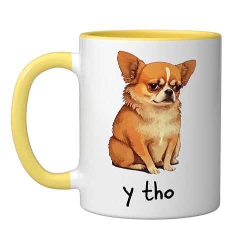 Chihuahua asks Y THO – Funny Cute Dog Meme Style Ceramic Mug, Yellow/White
