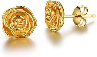 Esberry Gifts for Christmas 18K Gold Plating 925 Sterling Silver Rose Stud Earrings Hypoallergenic Flower Earrings Jewelry for Women and Girls (Yellow Gold)