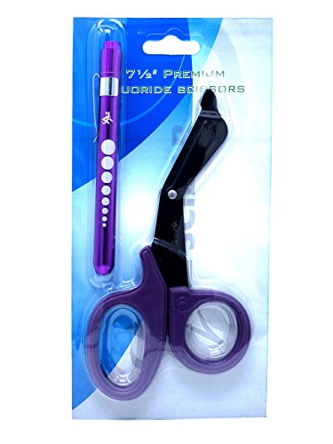 Heavy Duty Reusable Penlight + Fluoride Coated Nurse Doctor Medical Paramedic Trauma Shears Scissors 7.25" (A2Zscilab) (Purple Fluoride Coated) #TOP3