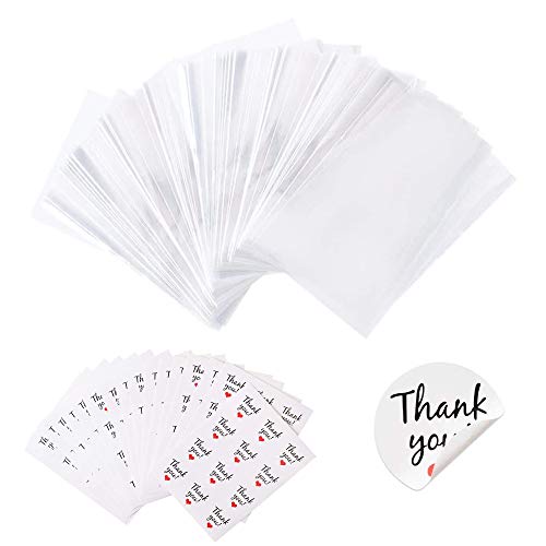 Tomkity 200pcs Sac Transparent Plastique 10CM*15CM + 204 Autocollants Thank You Sac OPP Sac à Bonbon Sac Pochette Adhésif pour Emballage Bonbons Biscuits Chocolats Bijoux Perles