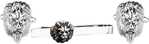 D&L Menswear Rhodium Plated Lion Head Tie Bar and Cufflinks Gift Set