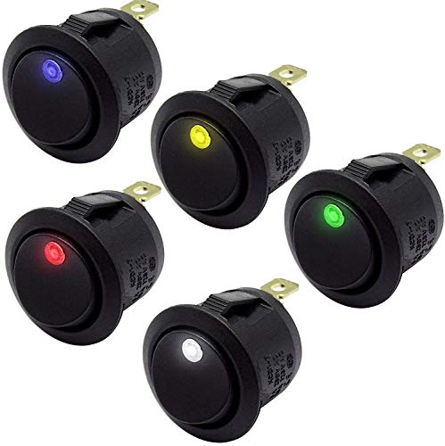 mmtrade | 5x Kippschalter beleuchtet rund 12V/10A (je 1x weiß, blau, rot, gelb, grün) | ON-OFF Stellung, einrastbare mit Selbsthemmung runde Schalter Wippschalter Cover