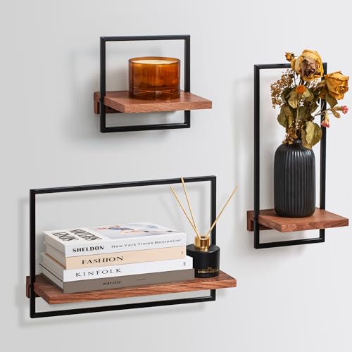 LUA TREND 3er Set Eiche Regal für Wände, Wanddekoration aus Metall und echtem Furnierholz, japanischer Stil, für Wohnzimmer, Küche, Schlafzimmer
