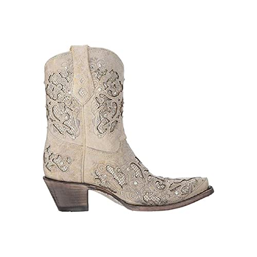 Image of CORRAL Women's Snip Toe Wedding Embroidered Glitter Inlay and Crystals Handcrafted Pull-On Leather Over-the-Ankle Cowboy /Cowgirl Boots