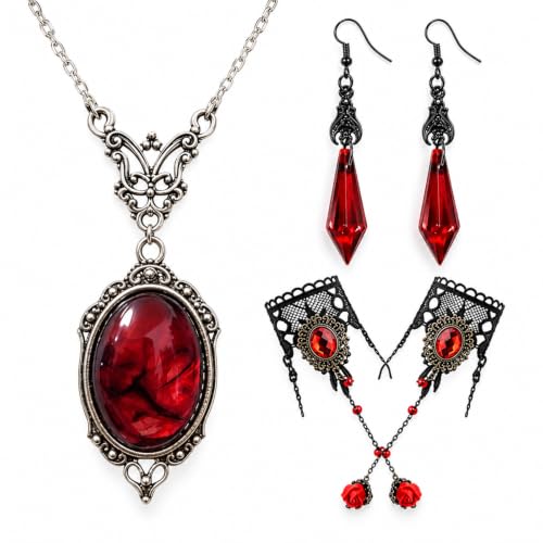 Halloween Kostüm Damen Vampir Schmuck Set, 4 Teile Mit Roten Steinenn