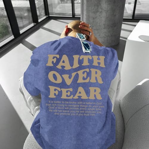 Image of Christian Shirts for Men Faith Over Fear Oversized Shirt Acid Wash Tshirt Graphic Religious T Shirt Bible Verse Tees