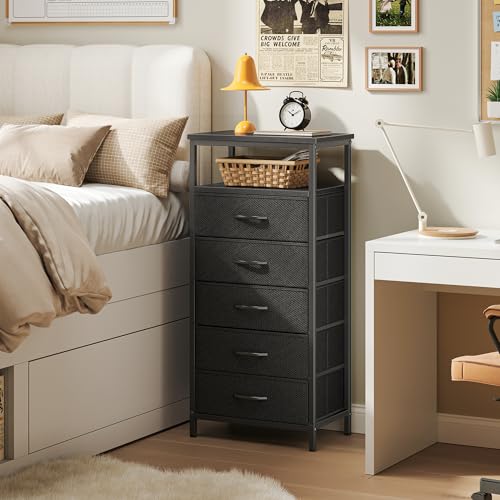 Image of Huuger 5 Drawers Dresser with Charging Station, Dresser for Bedroom | Tall Night Stand, Chest of Drawers with Open Shelf, Bedside Table Nightstand, Fabric Storage Drawers, for Entryway, Black