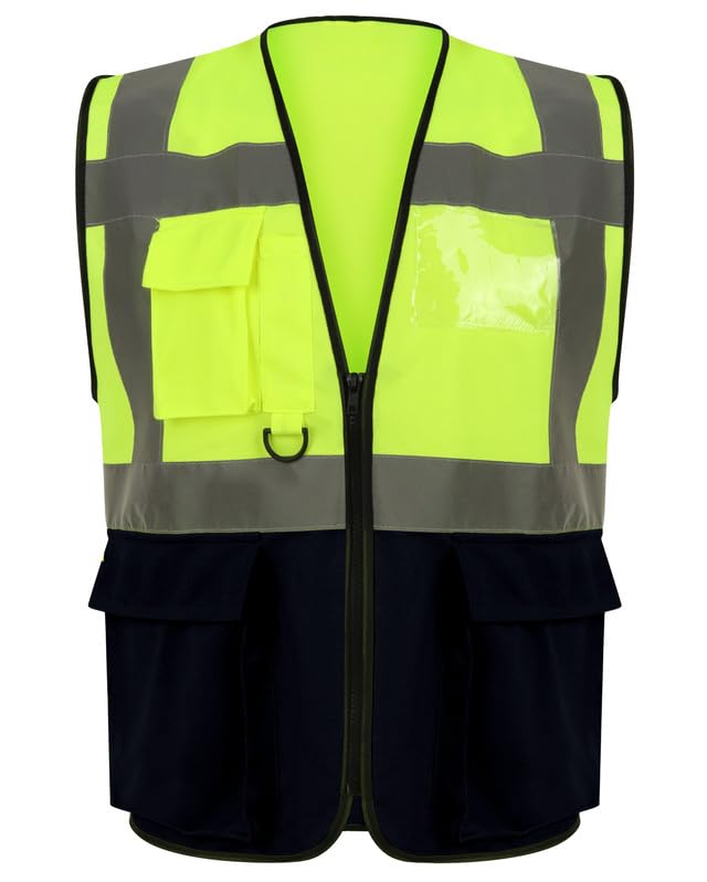 Generation-Plus+® Hi Vis Viz Work Utility Sleeveless Executive Zip Vest High Visibility Reflective Safety Security Workwear Double Tape Lightweight Waistcoat Jacket Top (Yellow Navy,S)