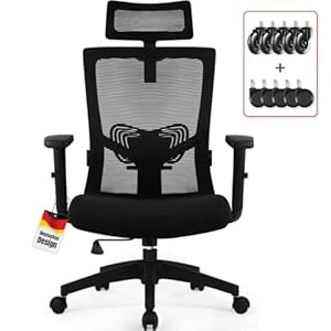 Daccormax Bürostuhl Ergonomisch, Schreibtischstuhl mit Verstellbarer Kopfstütze, Armlehnen, Lendenwirbelstütze, Drehstuhl Wippfunktion bis 135°, Chefsessel aus Mesh,Rückenschonend, Bürostuhl 150kg