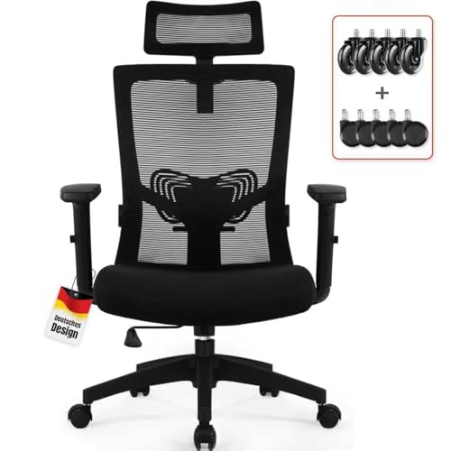Daccormax Bürostuhl Ergonomisch, Schreibtischstuhl mit Verstellbarer Kopfstütze, Armlehnen, Lendenwirbelstütze, Drehstuhl Wippfunktion bis 135°, Chefsessel aus Mesh,Rückenschonend, Bürostuhl 150kg