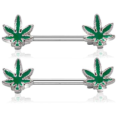 Pierce2GO 14G Nipple Piercing Surgical Stainless-Steel Set of 2 Barbell Glow in the Dark Marijuana Weed Cute Nipple Rings Nipple Piercing Jewelry for Women - 9/16" Barbell (Green) Cover