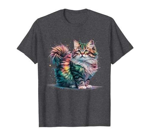 Image of Cat Men Women Colourful Watercolour Cat T-Shirt, Men, Dark Heather Grey, 5X-Large