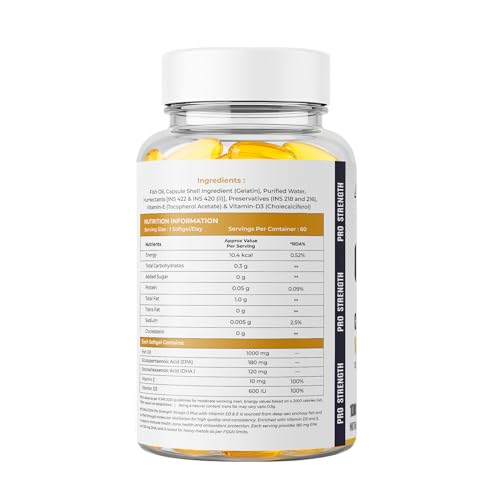 Image of NATURALTEIN Pro Strength Omega 3 Plus Fish Oil 1000mg with EPA 180mg & DHA 120mg | Enriched with Vitamin D3 & Vitamin E | Supports Heart, Brain, Skin, Eye & Joint Health | Heavy Metal Tested | 60 Softgels