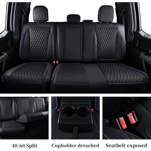 Image of Coverado Full Set Leather Car Seat Covers for F150,Waterproof Automotive Seat Covers for Cars,SUVs,Pickup Trucks,Compatible with 2015-2026 F150 SuperCrew,2017-2026 F250 F350 F450 Crew Cab, Blue Line
