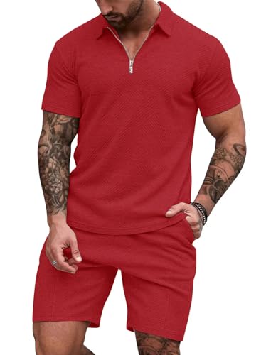 EISHOPEER Men's Polo Shirt and Shorts Set Fashion Zipper 2 Pieces Outfits