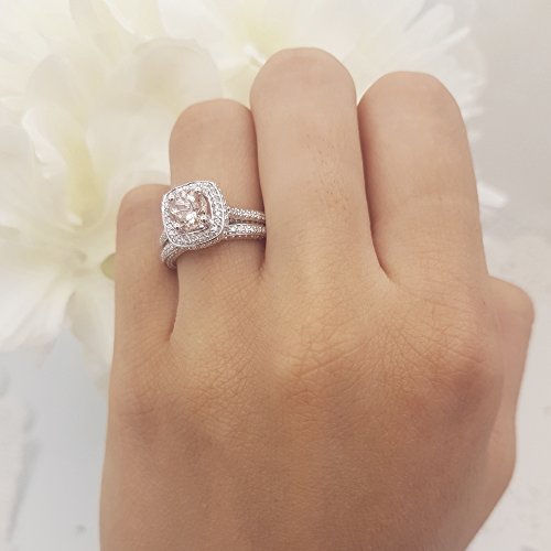 Dazzlingrock Collection 6.2mm Round Morganite & White Diamond Split Shank Halo Engagement Ring Set for Women in 14K Solid Gold 6