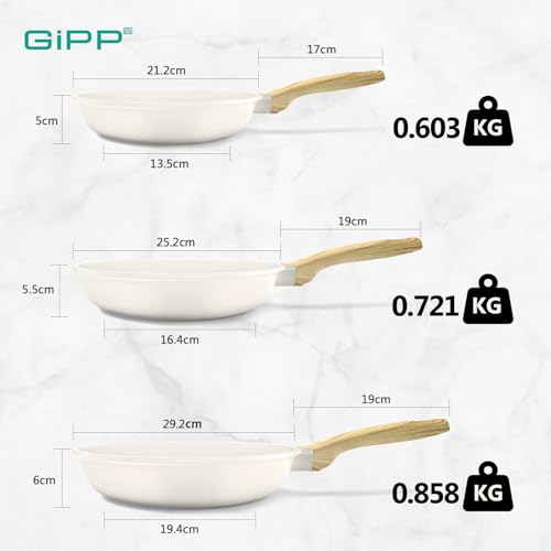 Image of GiPP Non Stick Frying Pan Set - 20 /24 /28cm Granite Nonstick Pan Skillet, Non Toxic Pans for Cooking, Omelette Pan with Stay Cool Handle, Easy to Clean, Induction Compatible,PFOA Free (White, 3Pcs)