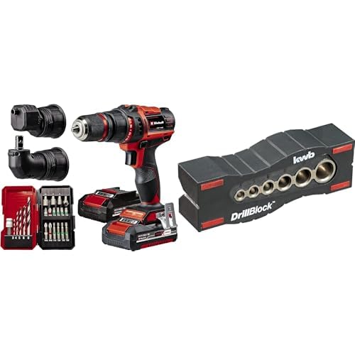 Einhell Taladro con batería TE-CD 18/45 3X-Li+22 Power X-Change (18V, 45Nm, pieza angular y excéntrica, set de puntas de 22 piezas, 2 baterías de 2,0Ah, cargador) + Guia de perforacion