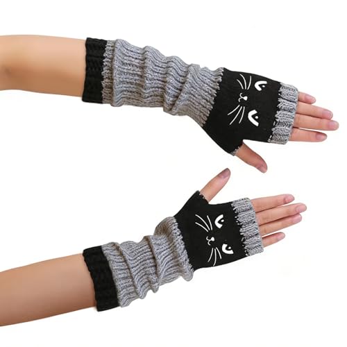 Cvuabsy Fingerless Cat Gloves,Women's Knitted Fingerless Gloves with Cat Embroidery,Gifts