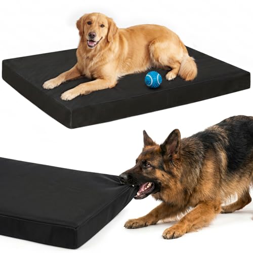 RRPETHOME 3" Indestructible Chew Proof Dog Beds for Aggressive Chewers,Durable Waterproof Fabic Chew Resistant Crate Dog Bed for Puppy Teething & Active Dog, Orthopedic Egg Foam(Black 35x22x3)