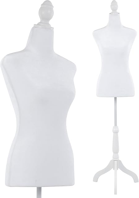 Mannequin Body Dress Form Torso Female Manikin 49.6-63.4 Inch Height Adjustable Wooden Tripod Stand High Density Foam Portable Display Mannequin (White)