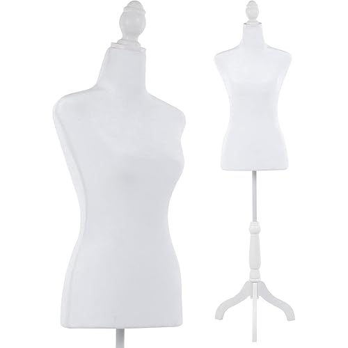 Mannequin Body Dress Form Torso Female Manikin 49.6-63.4 Inch Height Adjustable Wooden Tripod Stand High Density Foam Portable Display Mannequin (White, 49.6-63.4 Inches)