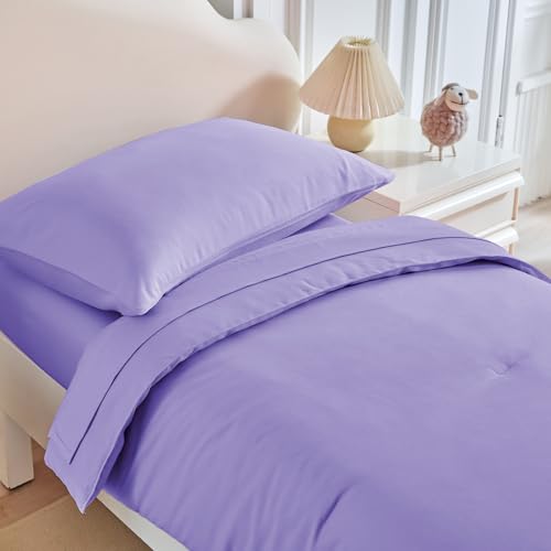 Image of Kids Comforter Sheet Set - Soft and Breathable Bed Set Includes Quilted Comforter, Fitted Sheet, Flat Top Sheet, Pillowcase and Toddler Pillowcase for Toddler - 5 Pieces Toddler Bedding Set Purple