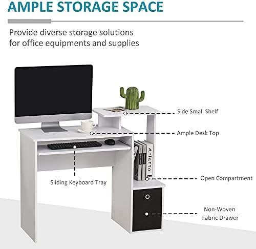 HOMCOM Computer Desk with Sliding Keyboard Tray Storage Drawer Shelf Home Office Workstation White 100 x 40 cm