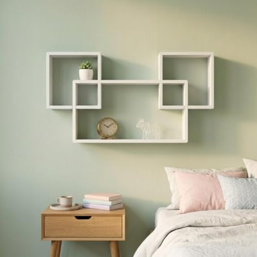 Image of Modern Geometric Floating Wall Shelf - Wall Mounted Decorative Display Shelves for Living Room, Bedroom & Office | Wooden Wall Shelf for Home Decor, Books, Plants & Showpieces Full White