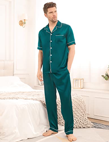 Image of SWOMOG Mens Satin Pajama Set Short Sleeve Classic Sleepwear Button Down Silky Loungewear with Long Pants Green X-Large