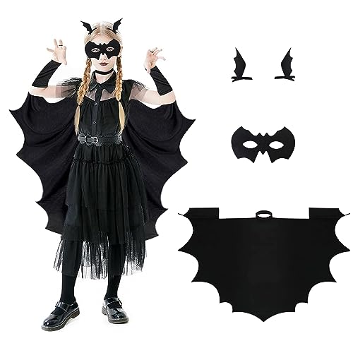 YODITI Disfraz de murciélago para niños Halloween: capa de murciélago para niña, capa con máscara de murciélago y alas de murciélago, pinzas para el pelo, disfraz de alas para niños, disfraz para