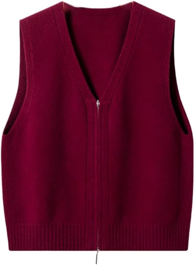LIXINGHEITANG Wool Vest Womens Zipper Vneck Autumn and Winter Sleeveless Knitted Waistcoat