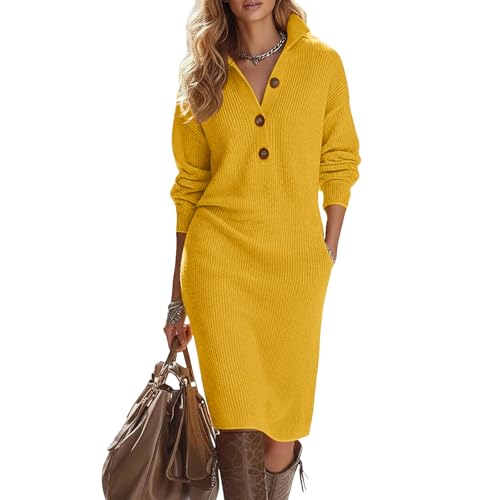AMISENK Élégante robe pull en tricot à manches longues pour femme avec boutons sur le devant, en polyester chaud pour une occasion quotidienne, robe pull à col en V, jaune, XL