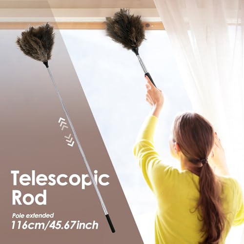 GWCYMYD Extendable Ostrich Feather Duster, 45'' Reusable Ostrich Feather Duster with Metal Handle, Fluffy Natural Genuine Feathers Cleaning Supplies for Cleaning Ceiling Fan, Blinds, Car (Black 116cm) - Image 7