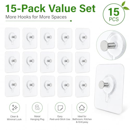 Image of 15Pcs Picture Hangers Without Nails, Heavy Duty Adhesive Wall Hooks 33 lbs, No Drill Damage-Free Hanging Strips for Picture Frames, Photos & Canvas, Bathroom, Kitchen, Apartment,Transparent