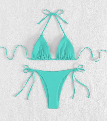 Image of Tainehs Women's Sexy Halter Thong Bikini Tie Two Sides Bottom Triangle Bikini Swimsuits