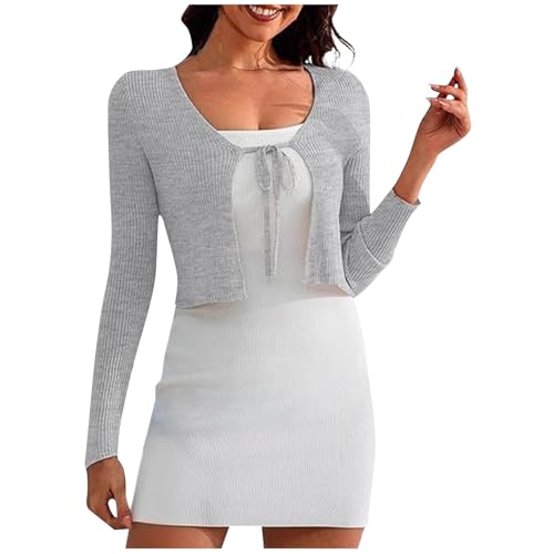 Bolero Shrugs for Dresses Cute Tie Front Long Sleeve Rib Knit Sweaters Open Front Cropped Cardigans Cozy Knitwear