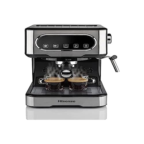Hisense, HESCM15DBK, Machine à expresso manuelle, moulue et compatible avec dosettes ESE 44 mm, Mousseur à lait automatique et manuel, pression 15 bar, écran tactile, 1100W, Silver, 27,4 x 30 x 27,2