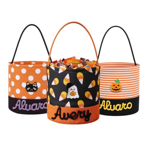 Personalized Halloween Basket for Girls Boys, Custom Name Trick or Treat Bags for Kids, Halloween Candy Bucket Party Gift Storage (Style 3)
