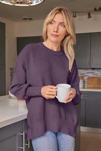 Image of LILLUSORY Women's Oversized Batwing Sweaters 2026 Fall Outfits Trendy Crewneck Knit Side Slit Fashion Pullover Tops