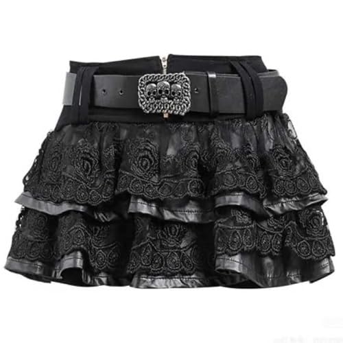 [ＸＨＳＵＫＡＤＯ] サブカル系 パンク系 Y2K 地雷系 レディース 2点セット ミニ スカート 髑髏 ベルト 服 春 秋 夏 病み系 渋谷系 ジップアップ レース セクシー 黒 病み系 ゴスロリ ティアード レザー 黒 ブラック M