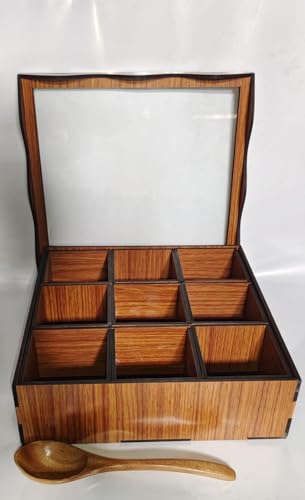 Image of Shyre Wooden Masala Box (6 Detachable Container Rectangular) Antique Lock & Spoon|Spice-Fit Tabletop Glass Lid | Multipurpose Dry Fruit |Kitchen Masala Dani(Handcraft Sheesham Wood, Brown)